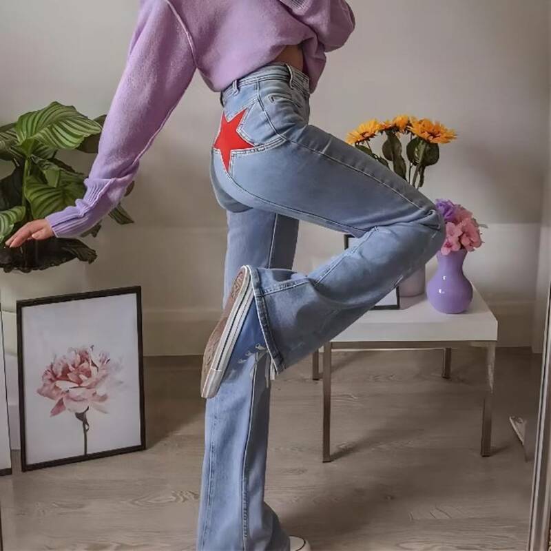 Vintage nadruk gwiazdy wysokiej talii dżinsy kobiet Harajuku 90s estetyczne Denim długie spodnie damskie Streetwear stroje proste spodnie