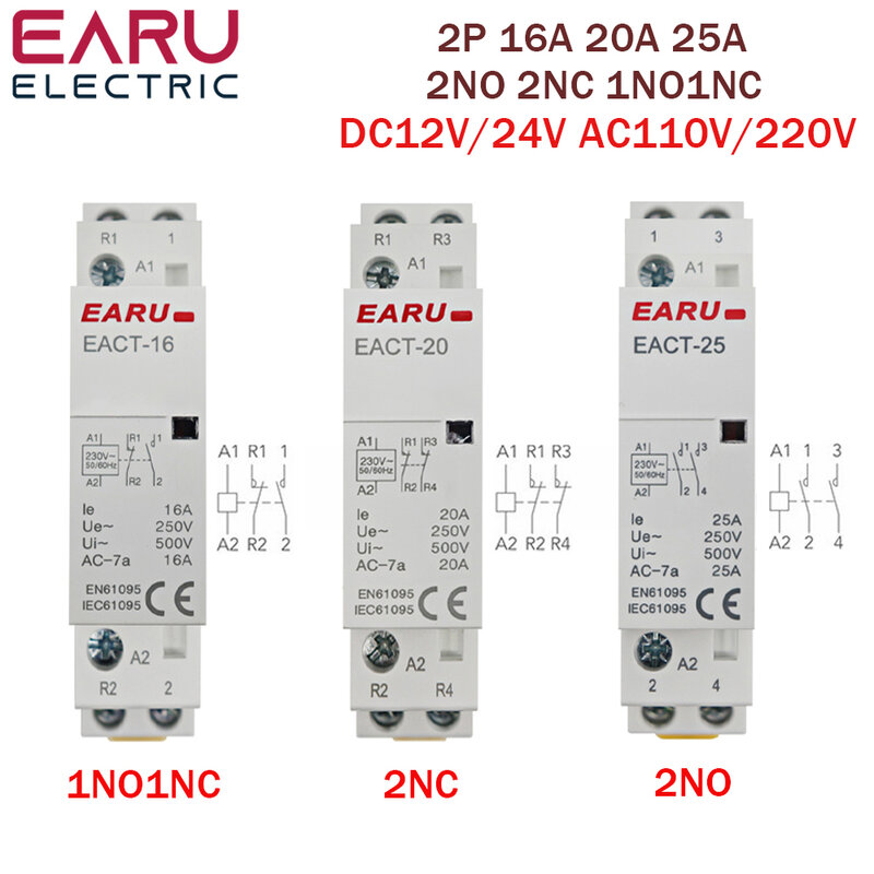 Contactor de CA Modular para casa inteligente, dispositivo montado en Riel Din, DC12V, 24V, AC110V, 220V, 50/60Hz, 2P, 16A, 20A, 25A, 2NO, 2NC, 1NO1NC
