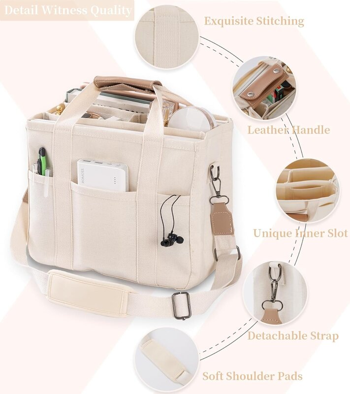 Canvas-Einkaufstasche mit mehreren Taschen Umhängetasche für Frauen trend ige Schulter handtasche mit Fächern