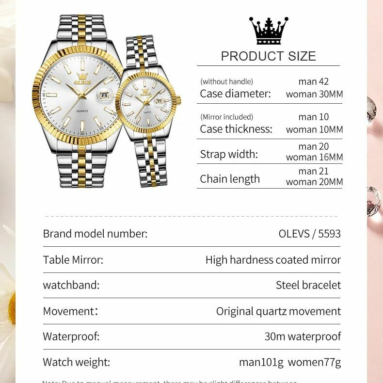 Olevs 5593 Paar Horloge Luxe Merk Kalender Waterdicht Roestvrij Staal Quartz Mannen Horloge Elegant Mode Mannen Vrouwen Paar Horloge