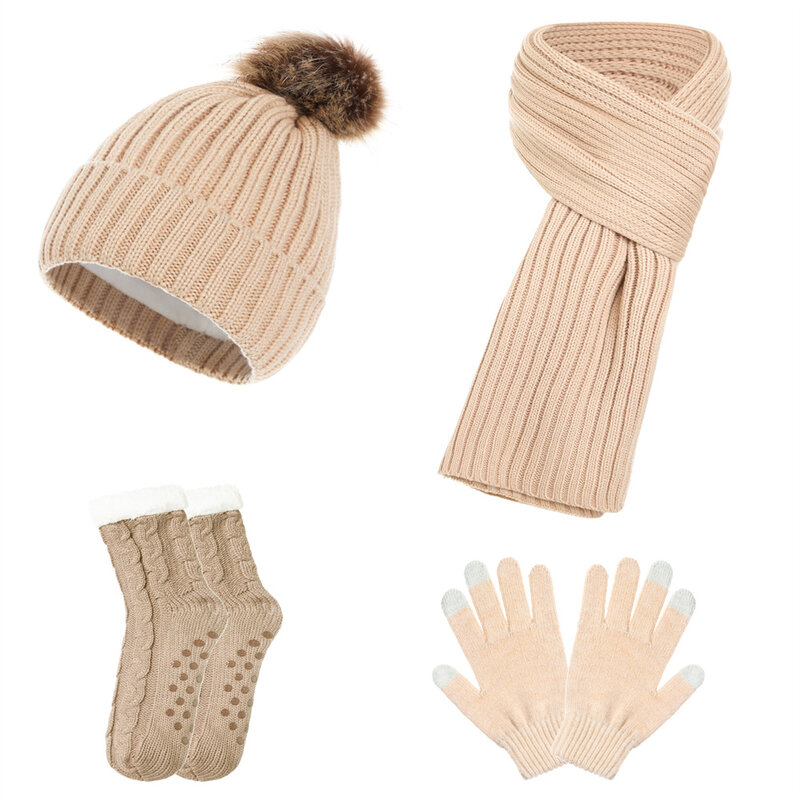 4pcs Hat Scarf Glove Socks Sets Winter Knitted Keep Warm Soft Thick Christmas Fleece Boys And Girls New Yeargift 2024
