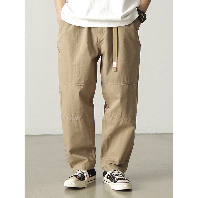 Four Seasons New Japanese Retro Woven Wide Leg Cargo Pants Men's 100% Cotton Washed Casual Loose Straight Tapered Trousers
