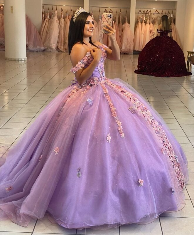 Lilás Princesa Quinceanera Vestidos, Vestido de baile, Apliques Querida Tulle, Sweet 16 Vestidos, 15 Anos Personalizados