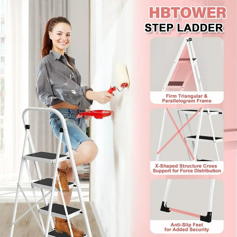 HBTower tangga lipat 4 langkah, pijakan kaki portabel ringan dengan Pedal Anti licin, tangga dengan pegangan nyaman