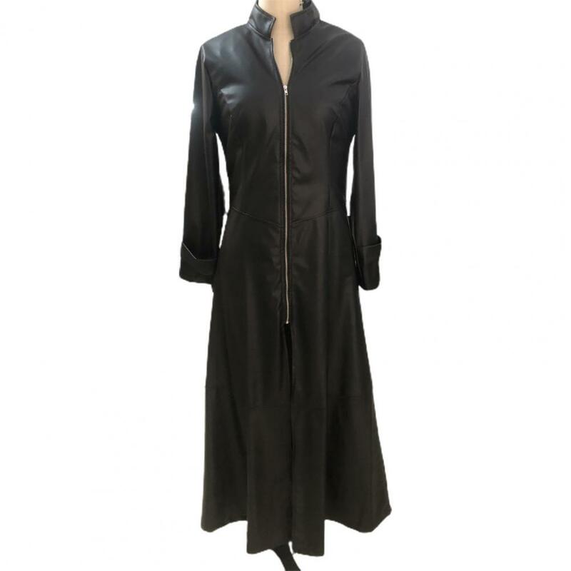 Chaqueta de piel sintética con superficie lisa para mujer, abrigo largo hasta el tobillo, cintura ajustada, otoño, para ir de compras