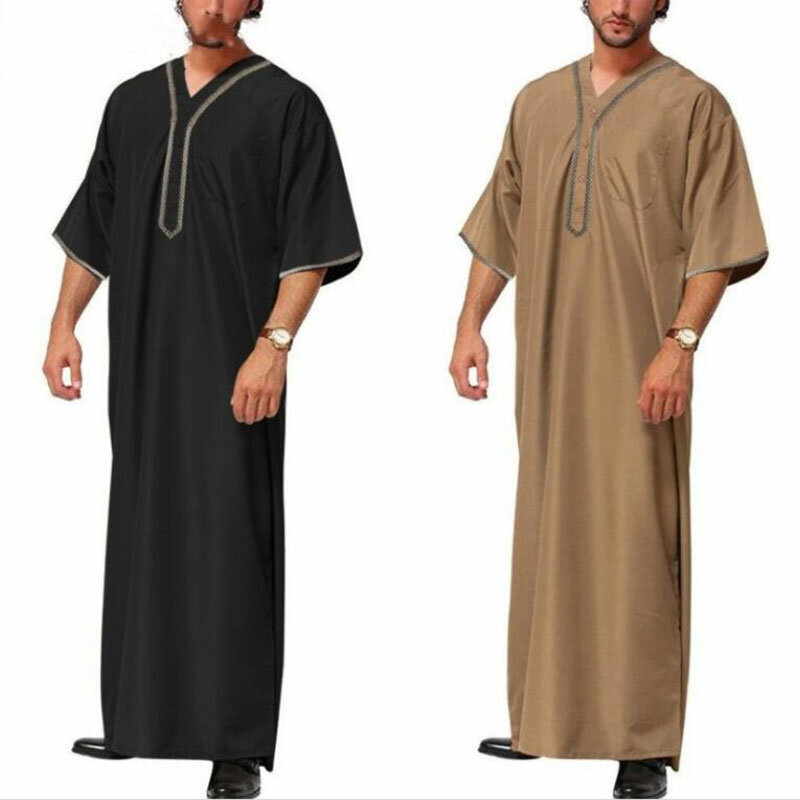 Hot Muslim Button Edging Short Sleeve Shirt With Pocket Middle East Arabia Dubai Malaysia Casual Islamic Men's Loose V Neck Robe