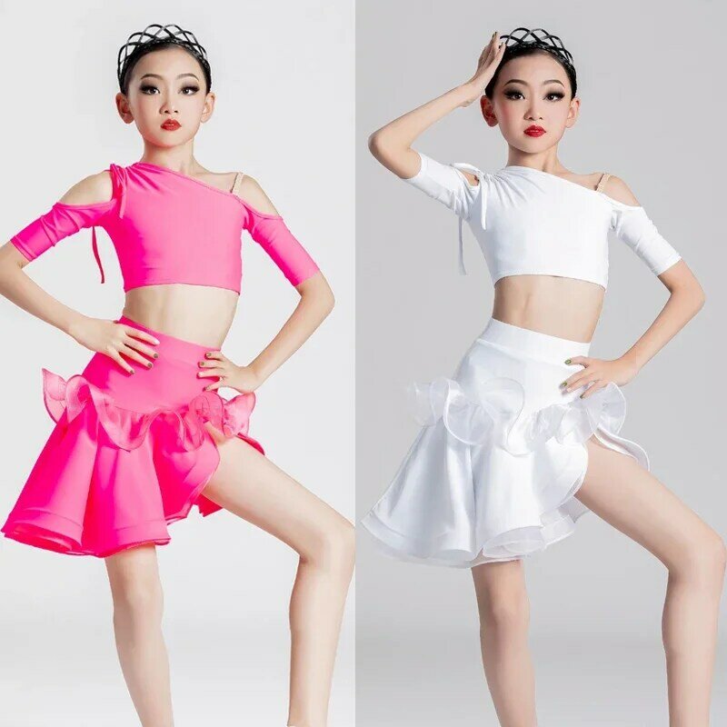 Costume de compétition de danse latine pour enfants, haut et jupe pour filles, vêtements de danse latine, vêtements d'entraînement, rose et blanc