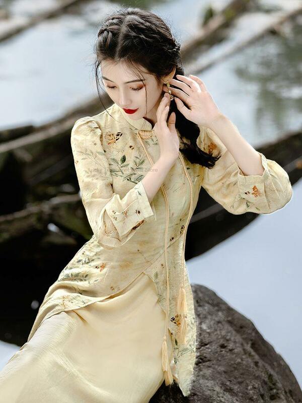 Cheongsam estilo chinês feminino, vestido de Qipao estampado, melhorado, novo, primavera, verão, elegante, 2 peças