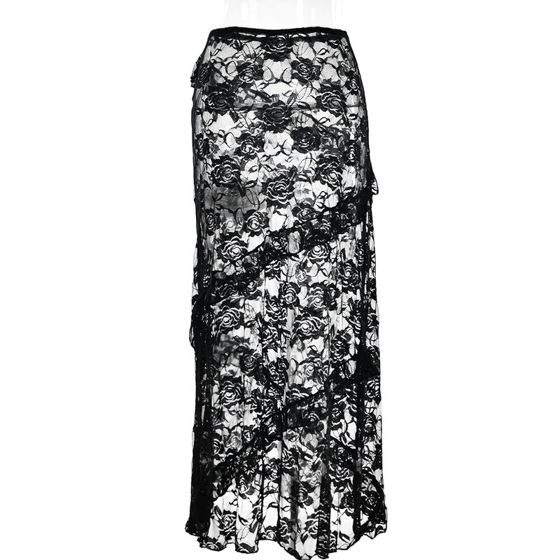 Falda transparente de retazos con volantes de cintura alta para mujer, falda Sexy de encaje envolvente en la cadera, moda de verano, Color sólido