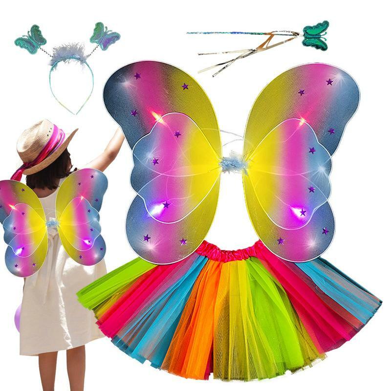 Asas de fadas com luzes para meninas, varinha de borboleta, acessórios cosplay, vestir, fantasias, 4 peças