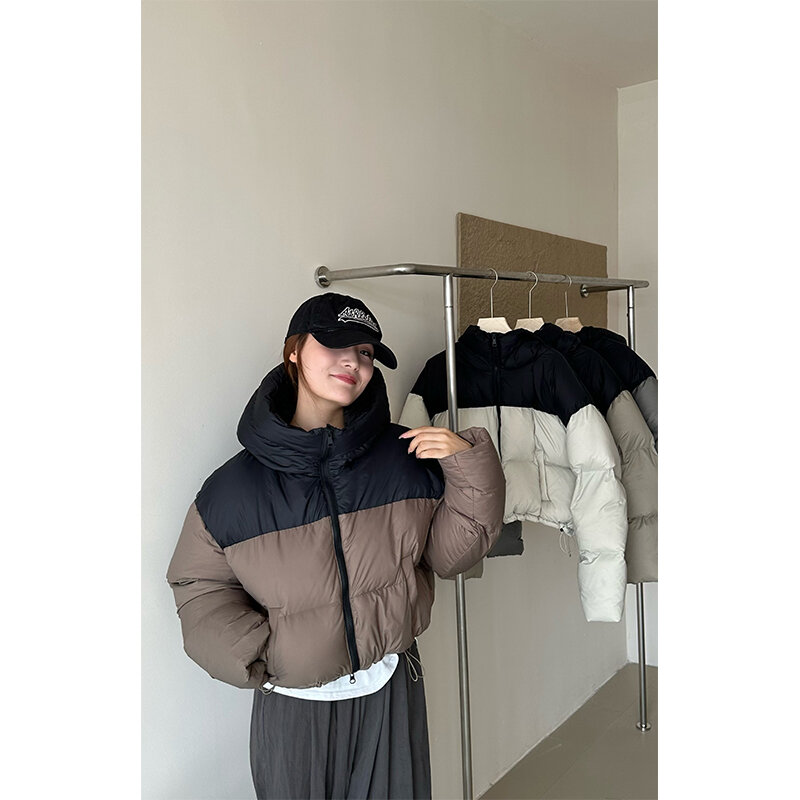 MEXZT Short Hooded Parkas Women Streetwear Patchwork Cropped Down Coats Korean Thick Puffer Jacket Winter Cotton Padded Outwear