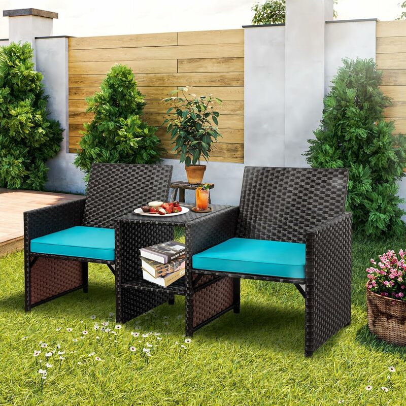 Outdoor Rattan Loveseat, Wicker 2-Seat Patio Conversation Furniture Set with Built-in Table & Removable Cushions for Balcony