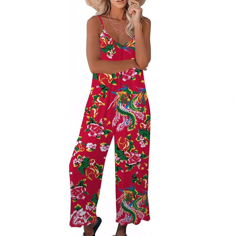 Loose Jumpsuit Women Summer Jumpsuit Northeast Style Floral Print V Neck Jumpsuit with Side Pockets Chinese Vacation for Women