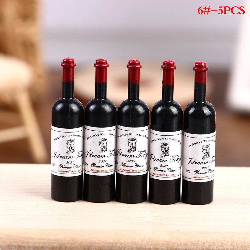 5Pcs 1/12 Dollhouse Miniature Resin Bottles Mini Red Wine Bottles Glasses Cups Modle Kitchen Furniture Doll House Accessories