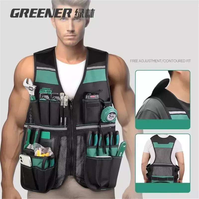 Multi-bolso Tool Vest com tiras reflexivas, Greener Tool Pouch, Organizador ajustável para eletricista, carpinteiros, respirável