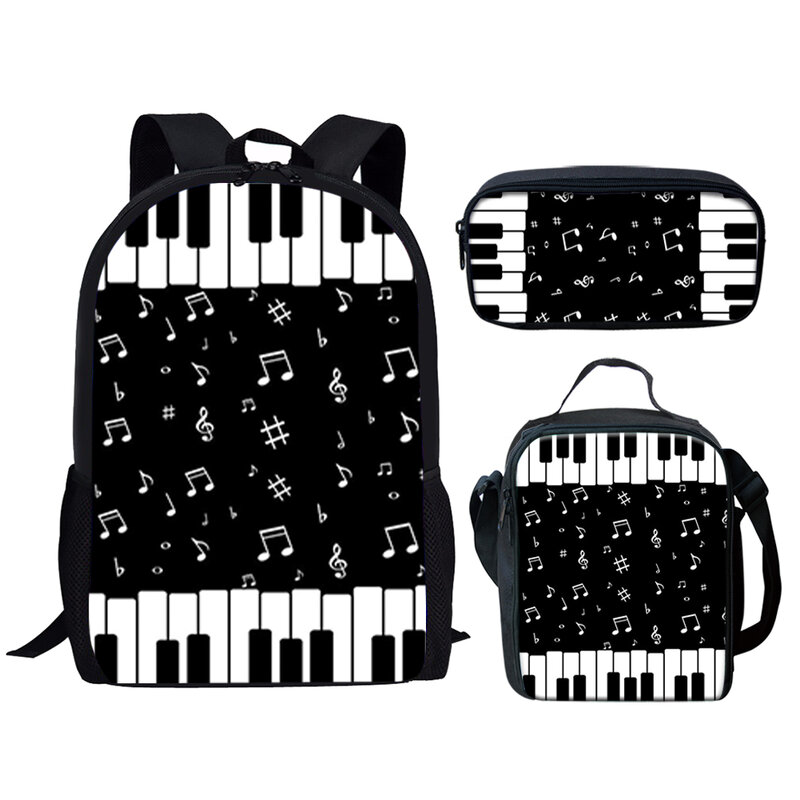 Conjunto de 3 mochila laptop impressão 3d, mochila de escola, teclado piano, música, notas, laptop, almoço, moda
