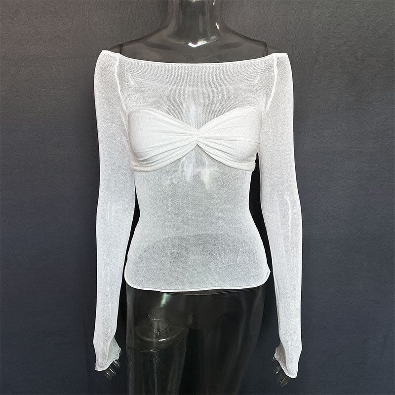 Sexy Long Sleeve Shoulder Gauze T-shirts Women Slim Solid Versatile T-Shirt 2024 Spring Female Fashion Off Shouler Tops