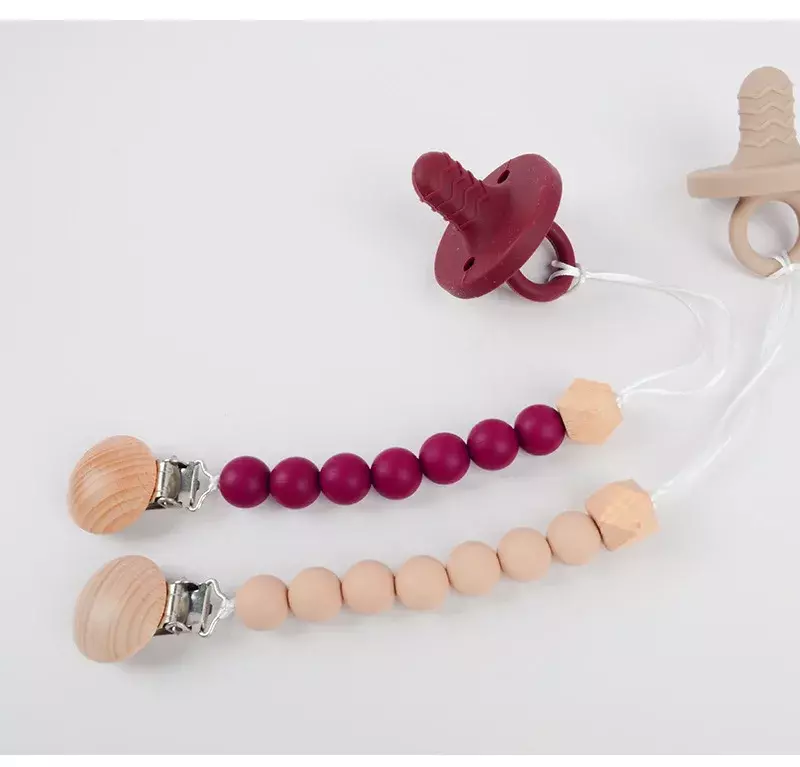 Baby Schnuller Clip Holz Farbe Silikon Bead Säuglings Beißring Schnuller Anti-drop Kette Neugeborenen Sicher Zahnen Spielzeug Dummy Nippel halter