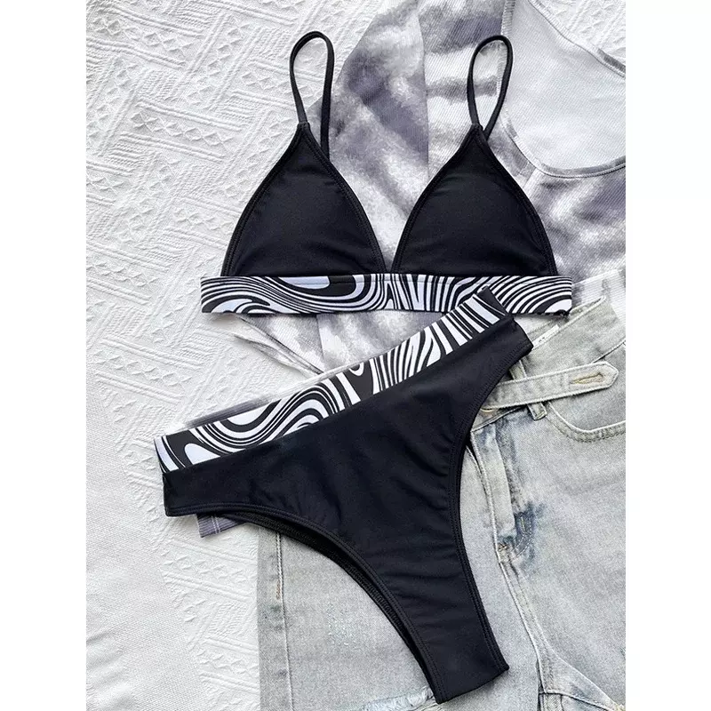 Fato de banho feminino com estampa zebra, copo triangular, roupa de banho com decote em v, biquíni preto e branco sexy, 2 peças, 2022