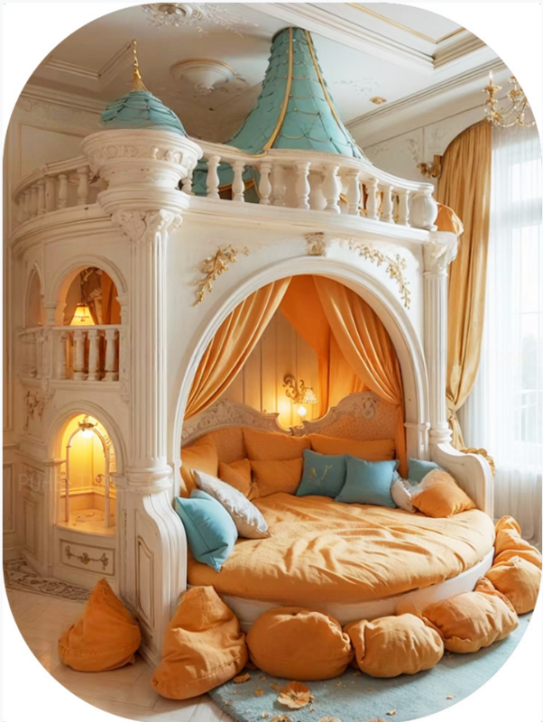 Madeira maciça Europeia esculpida princesa cama para quarto das crianças, Round Villa, castelo de luxo