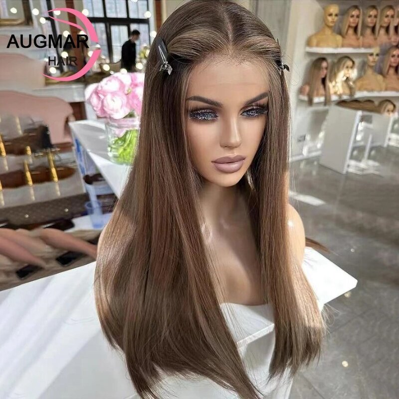Peruca de cabelo humano reta Glueless, Destaque Castanha, HD Lace Frontal Peruca, 360 Lace Front Wig, 13x6