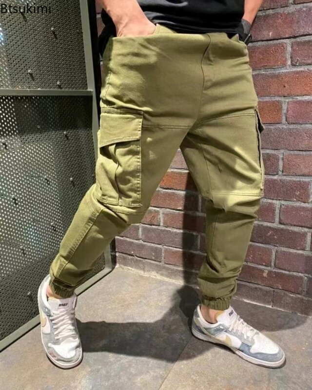 2024 Men's Casual Cargo Pants Drawstring Multi-pocket Design Long Trousers All Match Loose Pure Cotton Long Pants for Men Pants