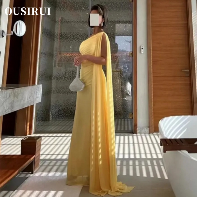 Ousirui-女性のための非対称の裸の肩のイブニングドレス,フォーマルなウエディングドレス,地面の長さ,人魚,黄色,シフォンのプロム,特別なパーティー