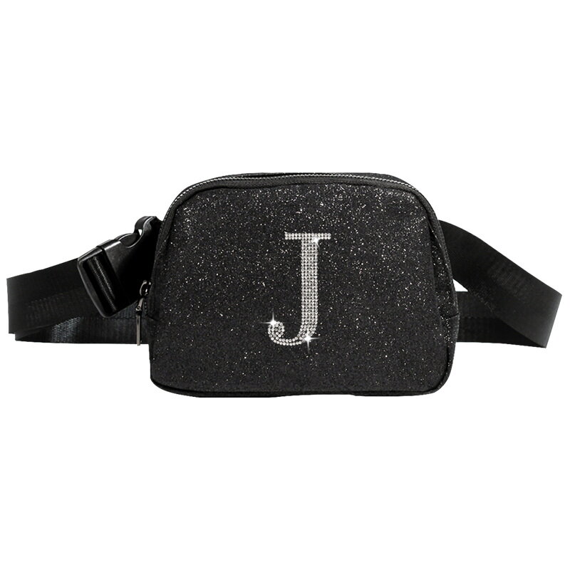 Waist bag shoulder bag jewelly J design mesh inner pockets glitter fabric big capacity hidden bag at back with  zipper closure
