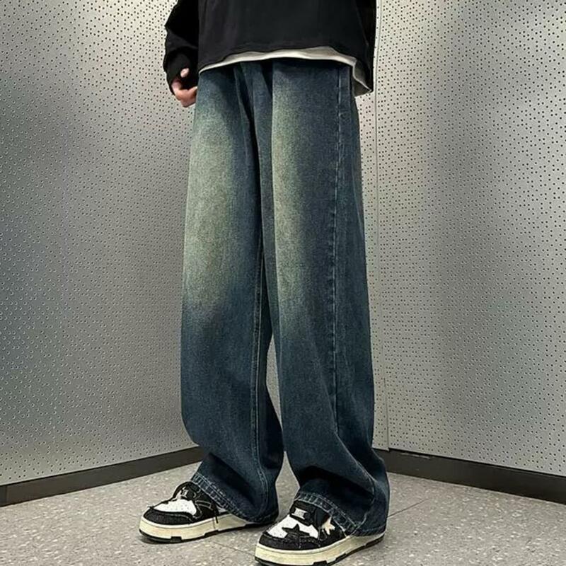 Джинсы на молнии с прямыми штанинами в стиле ретро, мужские джинсы в стиле хип-хоп, с градиентом, контрастных цветов, с широкими штанинами, на молнии с пуговицами