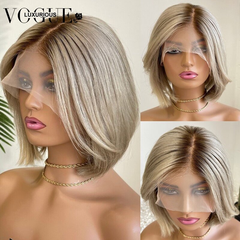 Peruki Ombre Ash blond w kolorze brazylijskiego dziewicze włosy jedwabisty peruka z prostymi włosami przedpleksowany 13x4 13x6 HD przezroczysta koronka czołowa