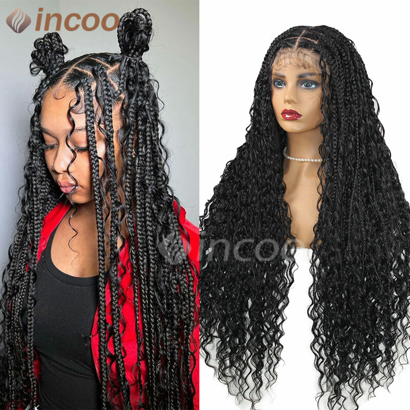 Synthetic Boho Box Braid Wigs Curly Ends Square Bohemia Jumbo Braided Full Lace Front Wigs Baby Hair For Women Box Braided Wig