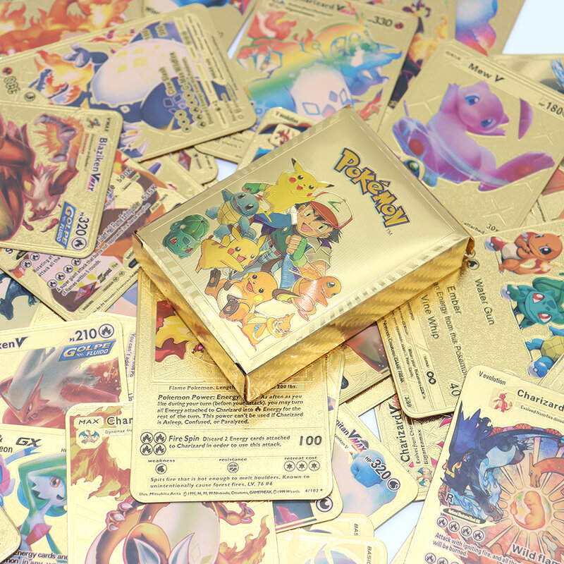 Cartas coloridas de Pokémon, cartas doradas y plateadas en español, Vmax GX, arcoíris, letras negras, colección de Charizard, Pikachu, entrenador de batalla, regalo