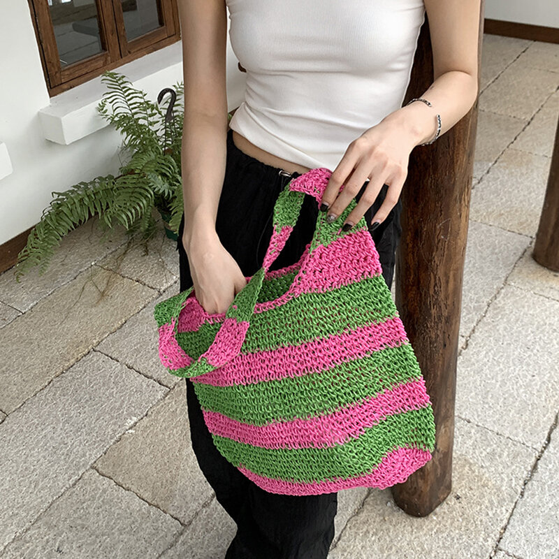 Summer Striped Straw Bag Large Paper Rope Shoulder Bag Bohemian Woven Beach Bags for Women Designer Handbags Travel Hobos Tote