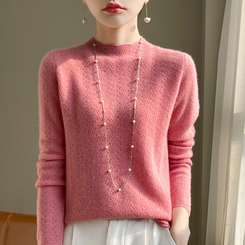 24 New Spring Autumn 100% Pure Woolen Sweater Women's Half High Neck Loose New Popular Knitted Lace Hollow Cashmere Bottom Shirt