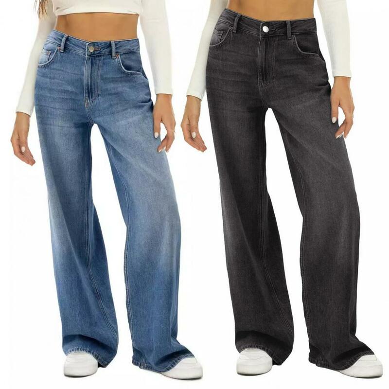 سراويل جينز واسعة الساق للنساء ، جينز عالي الخصر بجيوب متعددة ، سراويل بلون واحد ، ملابس يومية ، أنيقة