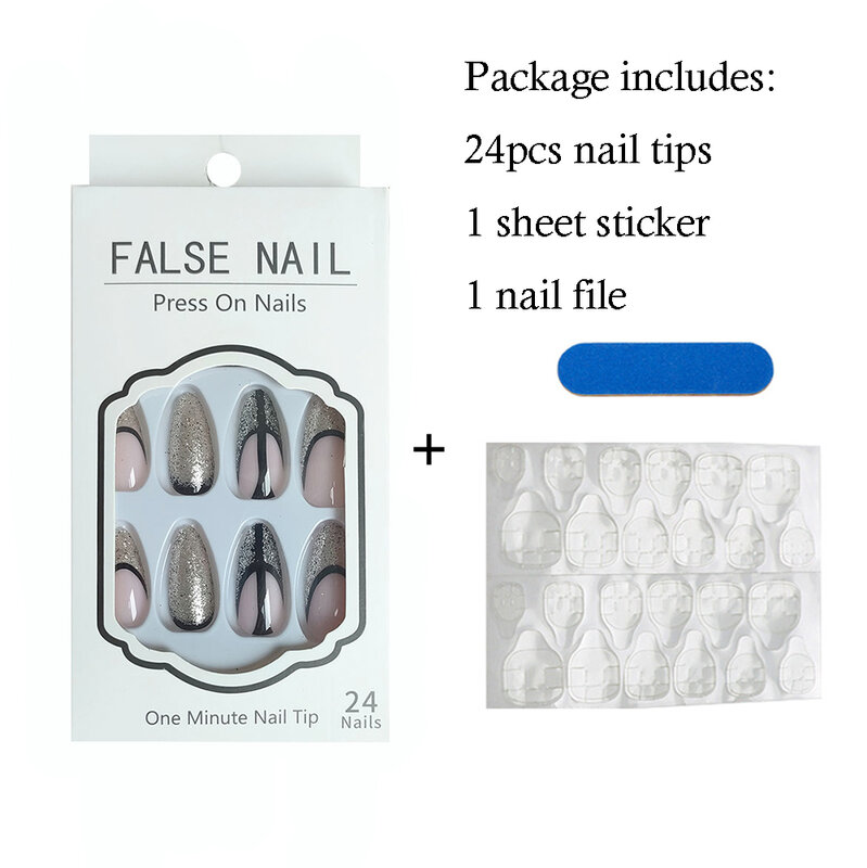 24 pz/scatola acrilico nero stampa sulle unghie punte francesi paillettes copertura completa Stiletto unghie finte artificiali