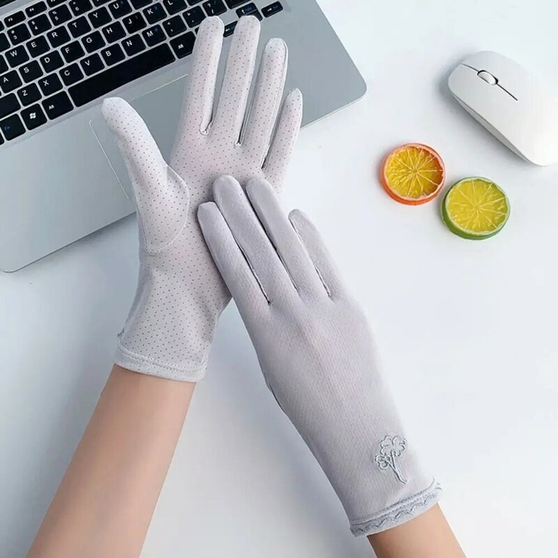 Letnie rękawice z ochroną przeciwsłoneczną damskie z pełnym palcem oddychające rękawice do jazdy cienkie jednolite rękawiczki do ekranu dotykowego