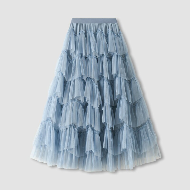 Casual Womens Solid Ball Gown Long Skirt Tulle High Waist Pleated Elegant Ladies Wild Mesh Dating Maxi Skirts Clean Wear 2024