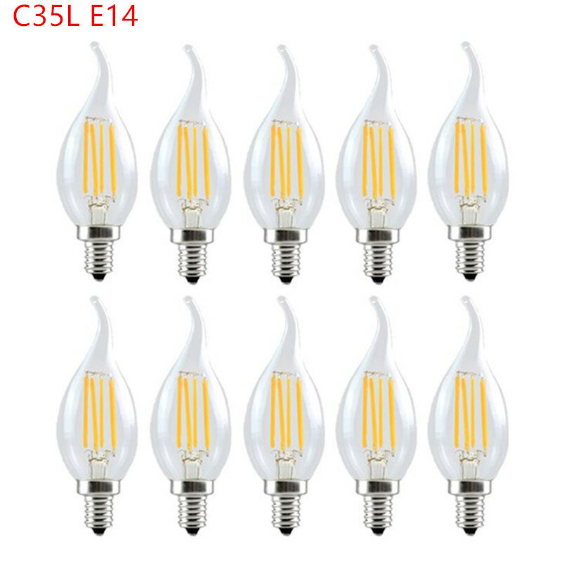 Lâmpada LED Edison Filamento, Retro Antigo, Estilo Vintage, Branco Frio, Branco Quente, Luz de Vela, E14, AC 220, 110V, 2W, 4W, 6W, 10Pcs