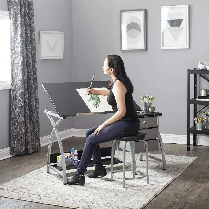 Дизайн SD STUDIO, 2 предмета, крафтовый стол с кометами | Регулируемый угловой верх и табурет | Серебристый/черный