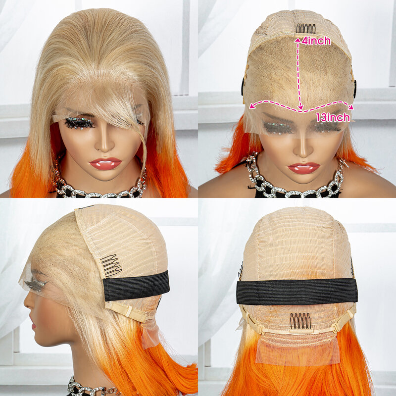 Remy peruca de cabelo humano para mulheres negras, perucas curtas, perucas frontais de renda transparente, cor laranja loira, densidade de 200%, 13x4