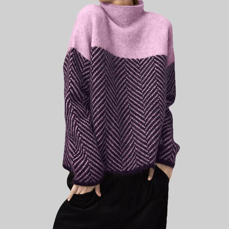 2022 Autumn Winter New Pullovers Sweaters Lazy Loose Jumpers Long Sleeve Contrasting Colors Spliced Knitted Vintage Turtleneck
