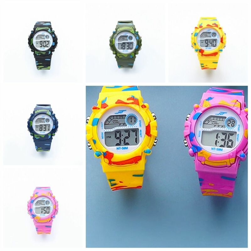 Kolorowe zegarki dla dzieci Flash modne Led zielony świecące zegarki kamuflażowe wodoodporne zegarki cyfrowe dla chłopców