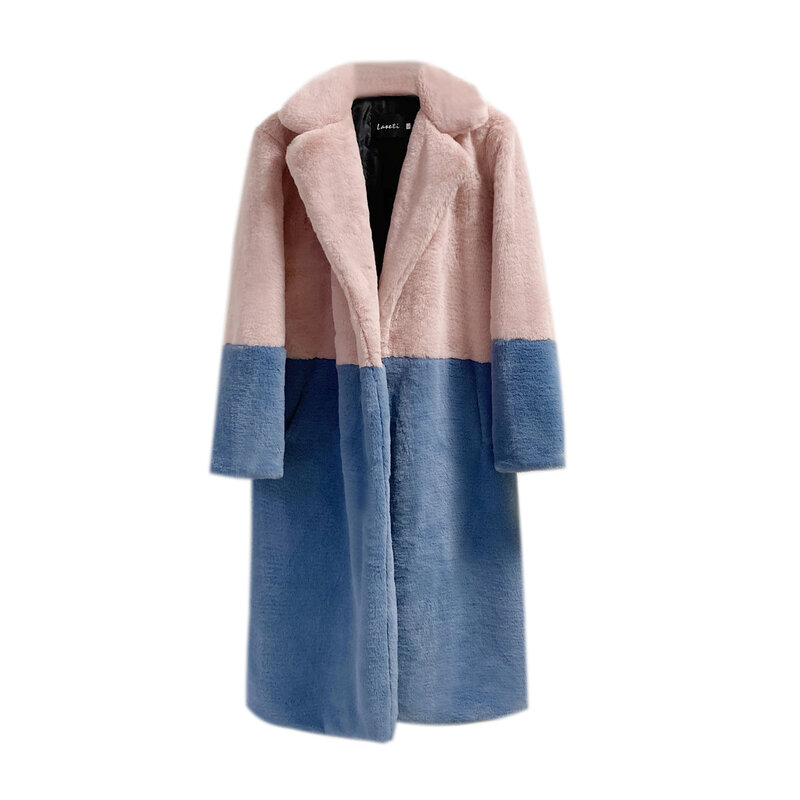 Women Faux Fur Coats Splice Jackets Turn Down Collar Loose Open Stitch Elegant Full Sleeve Mid Length Coat Thick Outerwear