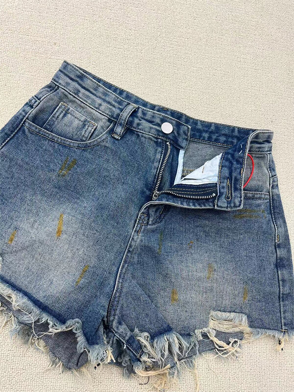 Damskie letnie niebieskie jeansowe poszarpane szorty Y2k wysoki talia, moda uliczna na co dzień szerokie szorty koreańskie Harajuku Vintage krótkie spodnie 2023