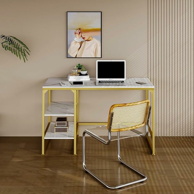 Стол компьютерный с полками для хранения, золотистый современный офисный стол, большой стол руководителя, игровой стол для ноутбука, стол под туалетный столик