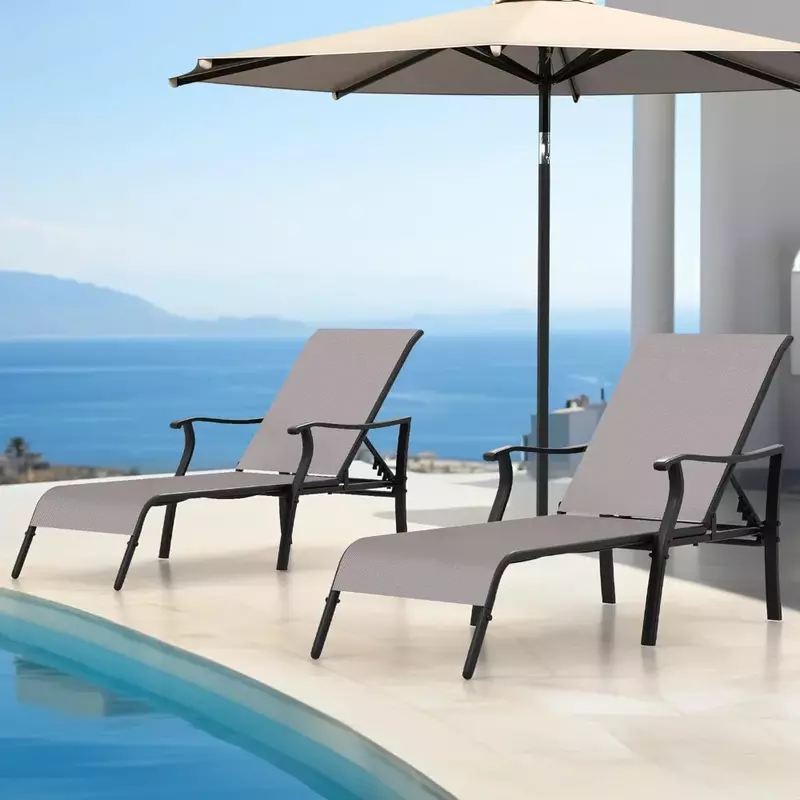 Zestaw 2 szezlongów do użytku na zewnątrz, aluminiowy fotel ogrodowy z 5 regulowanymi pozycjami, szezlong do basenu tekstylnego