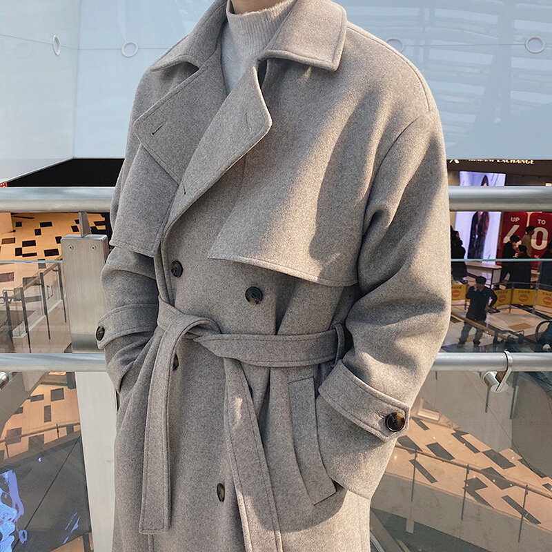 Mantel wol panjang tebal pria, mantel wol versi Korea tahan angin longgar kelas tinggi musim dingin