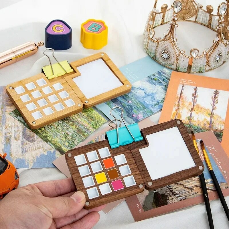 Ins Wooden Watercolor Paint Dispensing Box Portable Wooden Box Lattice Box 15 Grid Watercolor Palette Box With Clip