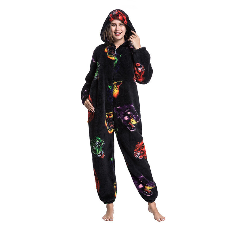 Winter Koraal Fleece Jumpsuits Bedrukt Onesies Jumpsuits Loungewear Flanellen Pyjama Vrouwen Capuchon Rits Nachtkleding